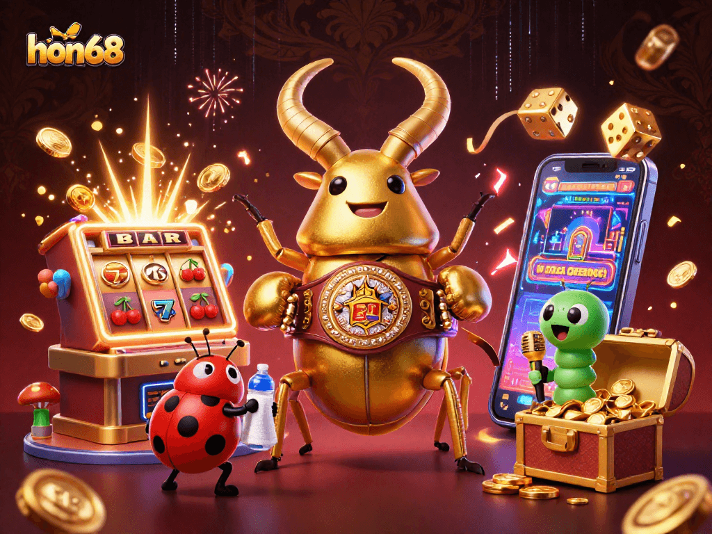 Experience excitement with hon68 as a giant golden beetle triumphantly champions casino gaming amidst vibrant elements.