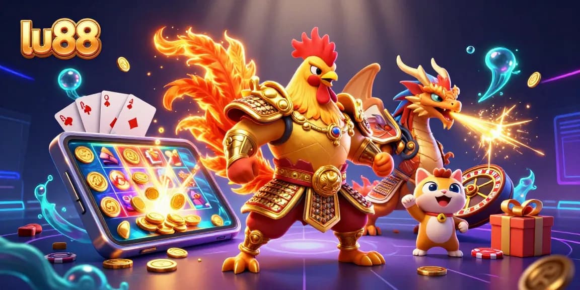 lu88 engages thrilling online casino action with vibrant gaming elements and heroic characters.