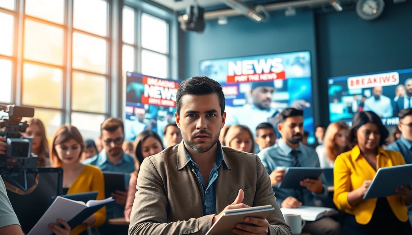 Candid capture of journalists producing the latest news in a vibrant newsroom environment.