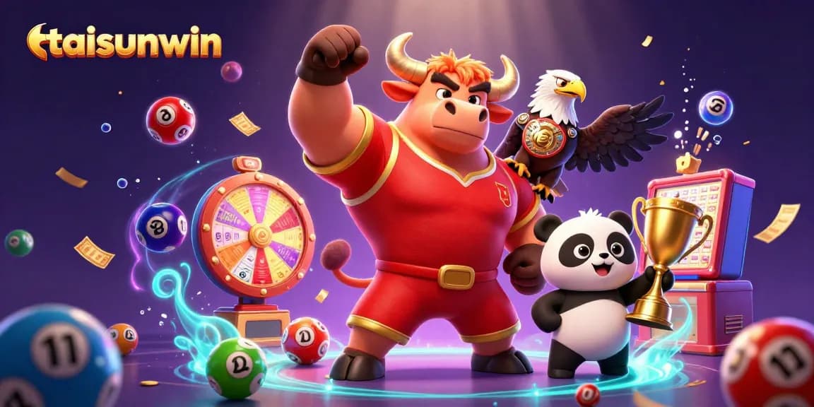 Taisunwin showcases an exciting lottery scene with a triumphant bull mascot and vibrant elements