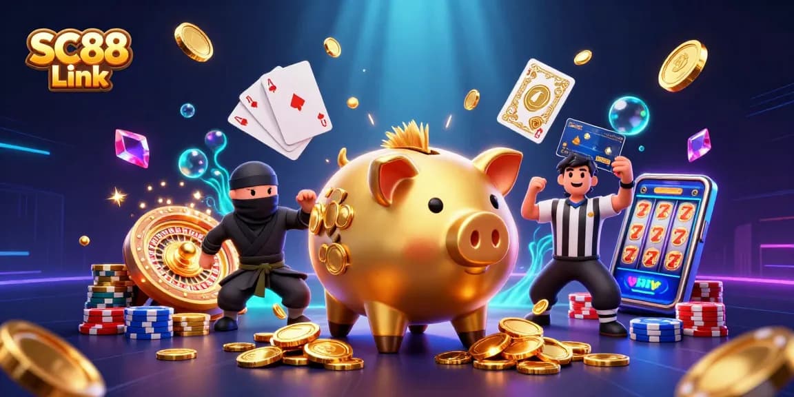 Engage in thrilling gaming with SC88 Link, showcasing dynamic characters in an exciting casino scene.