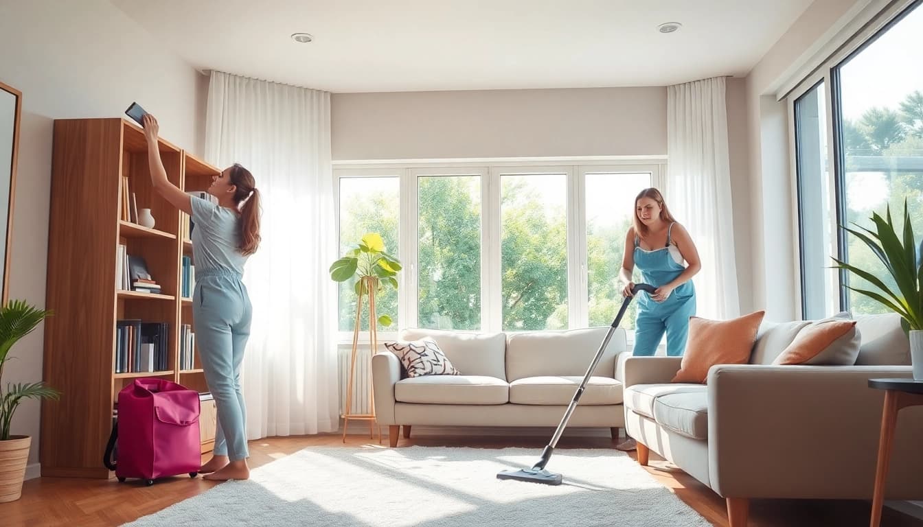 Professional cleaning services in action, showcasing diverse crew members tidying a bright living room.