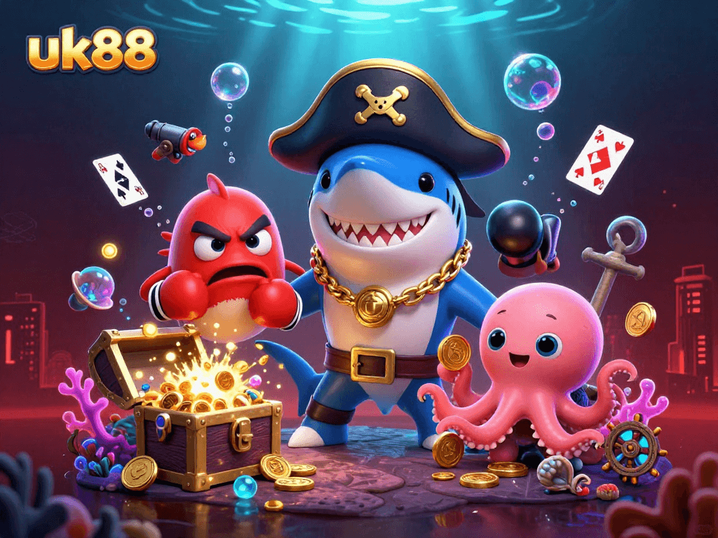Experience the excitement of uk88 with a vibrant underwater casino adventure featuring treasure and playful sea creatures.