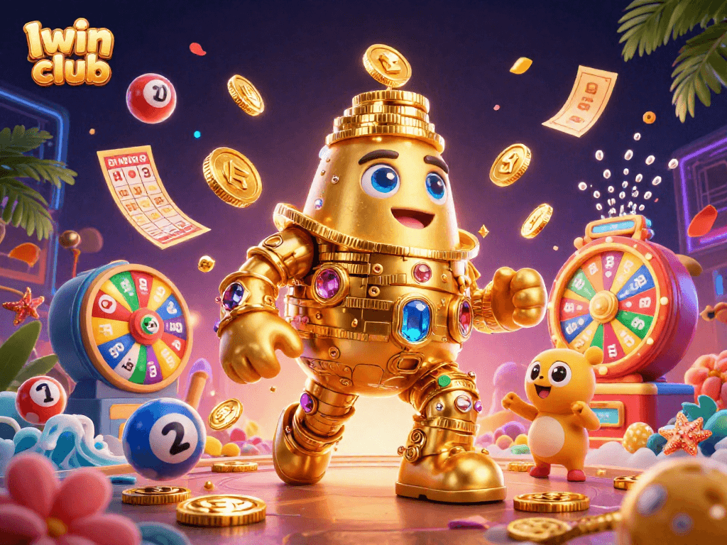 Iwin club features an exciting 3D illustration of a golden golem surrounded by lottery elements.