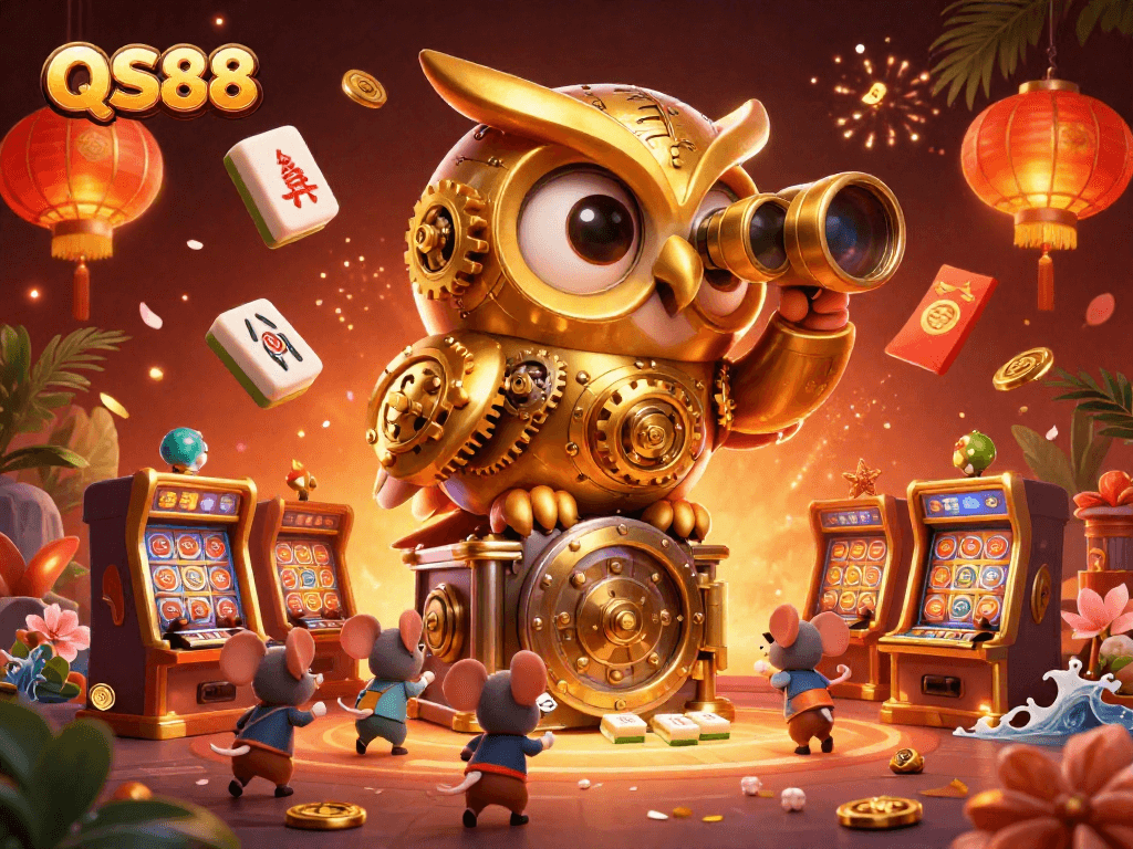 Play exciting slot games at QS88 casino with the detailed golden owl and vibrant game elements.