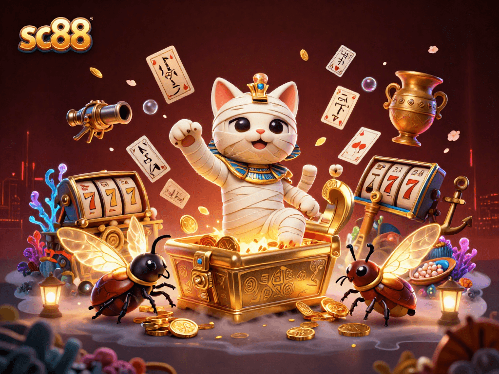 Experience the thrill of sc88 in a 3D casino scene with golden treasures and vibrant characters.