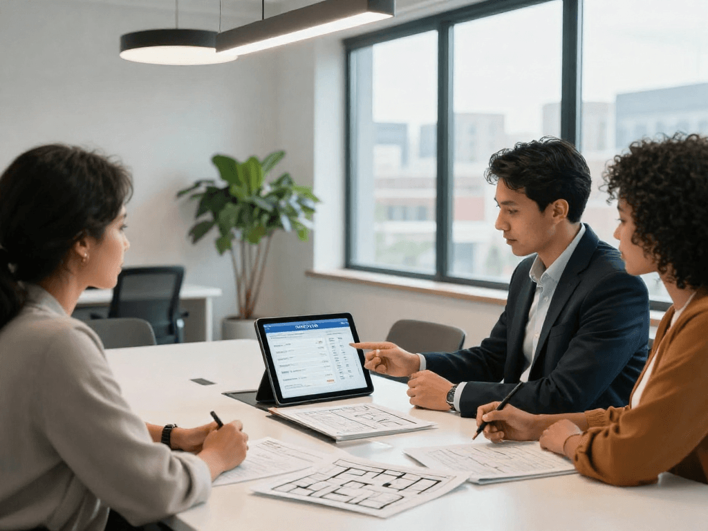 Real estate professional explaining IDXSTAR software to clients in a modern office setting.