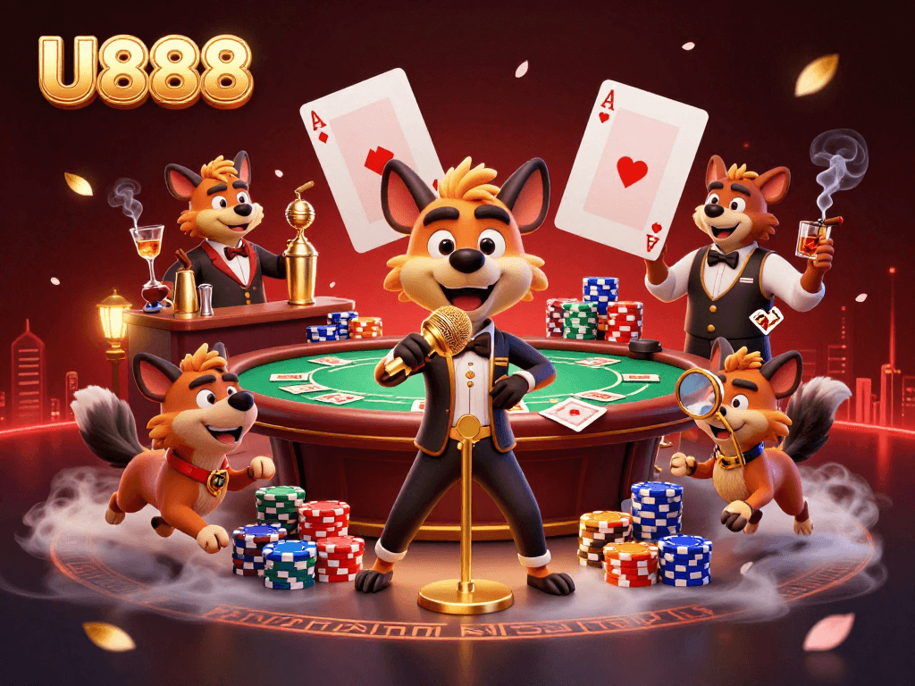 Experience the dynamic atmosphere of U888 with hyena comedians and vibrant casino elements in this engaging illustration.