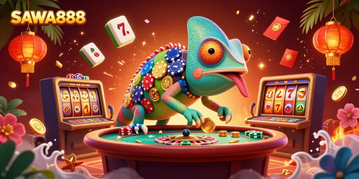 Spin to win on SAWA888 with a vibrant casino scene featuring a chameleon owner and slot games.