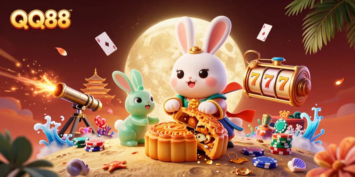 Engage in thrilling gameplay with QQ88 featuring a moon rabbit amidst vibrant casino elements