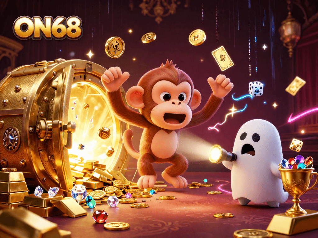 ON68 showcases a mischievous poltergeist monkey juggling gold and jewels in a haunted casino scene.