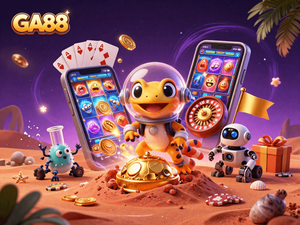 Engage with GA88’s vibrant gaming scene featuring a Martian gecko and dynamic casino elements.