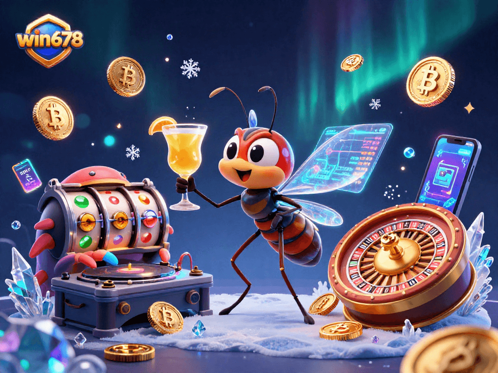 Experience thrilling wins at win678 with a vibrant 3D casino illustration featuring unique mascot characters.