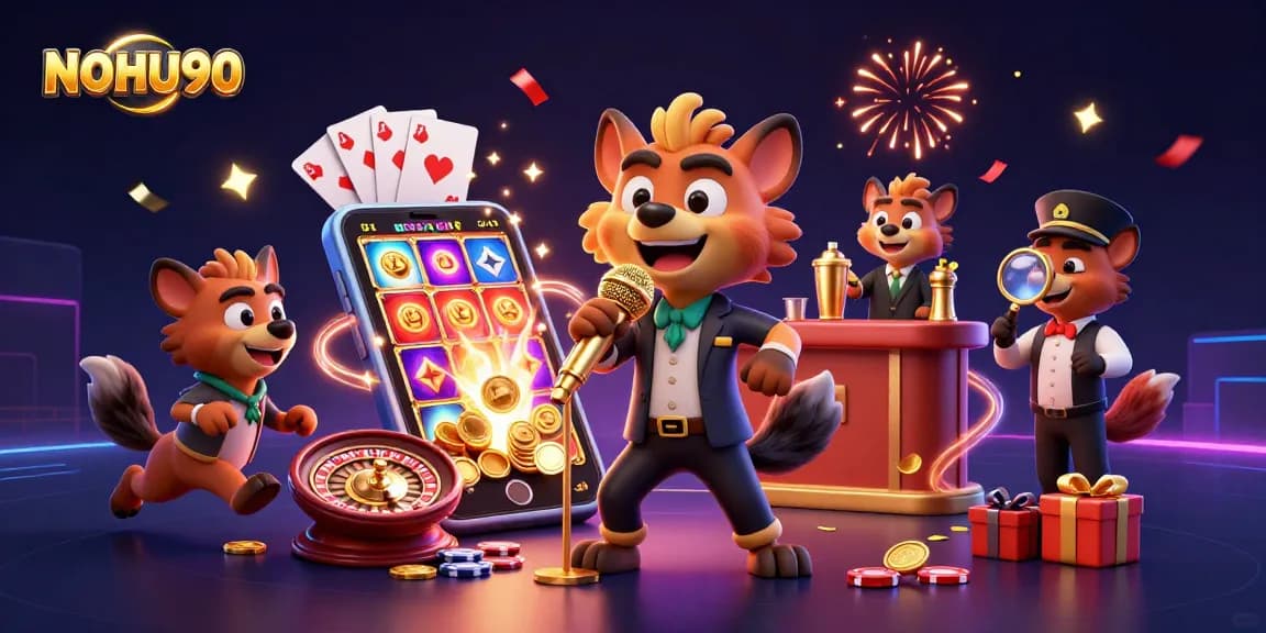 Engage with NOHU90 at a lively casino club scene featuring hyenas enjoying games, comedy, and excitement.