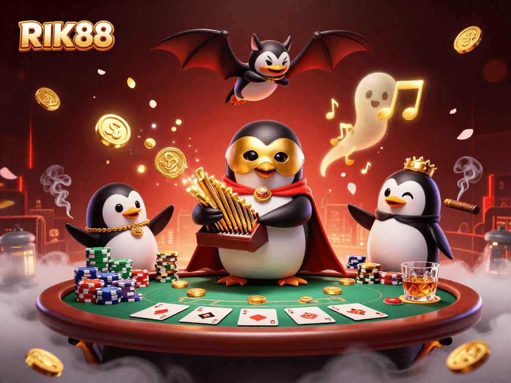 Experience the excitement of RIK88 with a vibrant 3D scene featuring a whimsical penguin playing a pipe organ amidst casino elements.