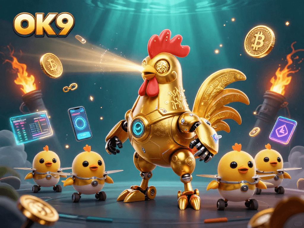 Experience thrilling games at OK9 with a golden rooster robot leading baby chick drones and crypto elements.