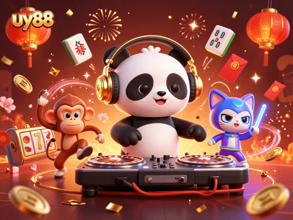 Experience the fun at uy88 with a DJ panda spinning wheels and vibrant party elements!