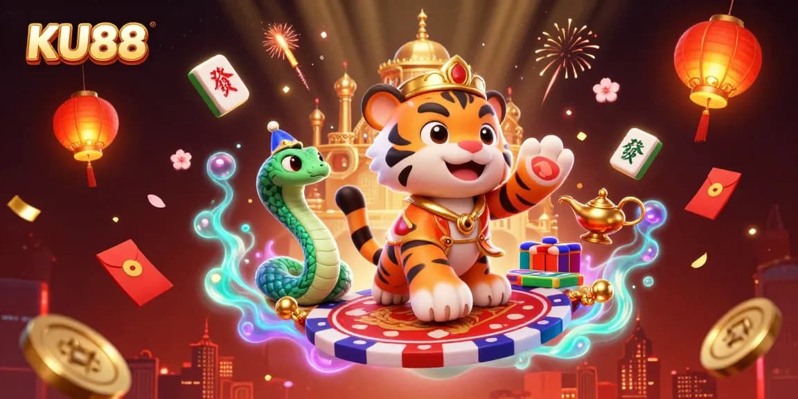 Experience the vibrant KU88 casino magic with a tiger sultan, glowing elements, and dynamic game motifs.