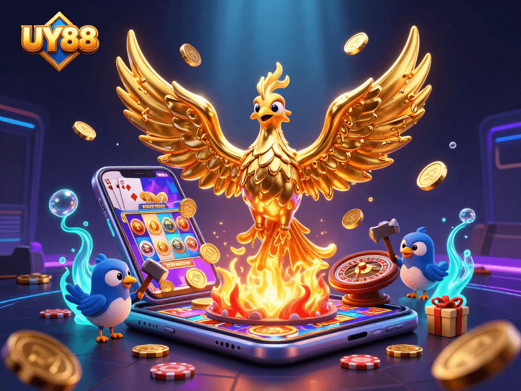 Experience winning excitement at UY88 with a dynamic golden phoenix emerging from a vibrant gaming world.
