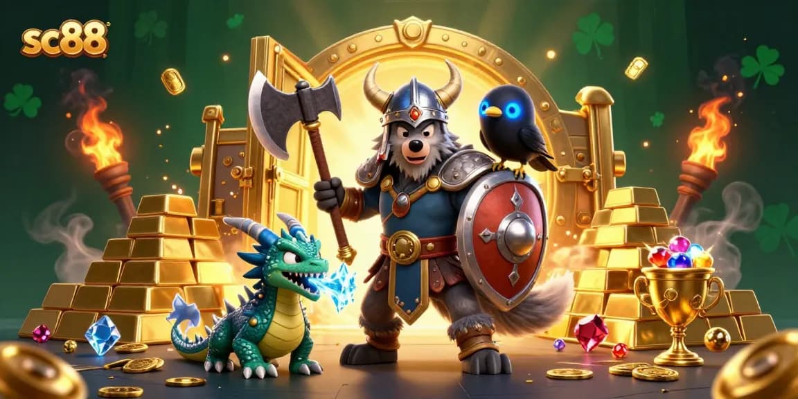 sc88 illustrates a Viking wolf warrior, fierce dragon, and raven in a rich casino treasure scene.