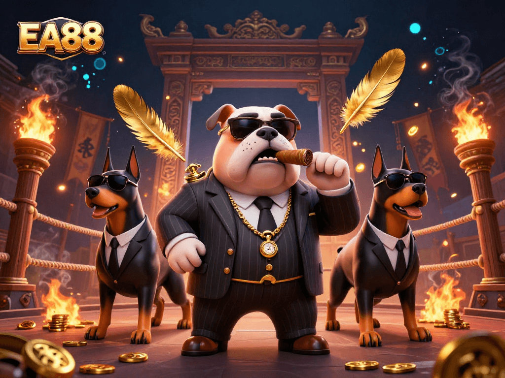 Join the action with EA88 featuring a mafia bulldog and bodyguard Dobermans surrounded by dynamic casino elements.