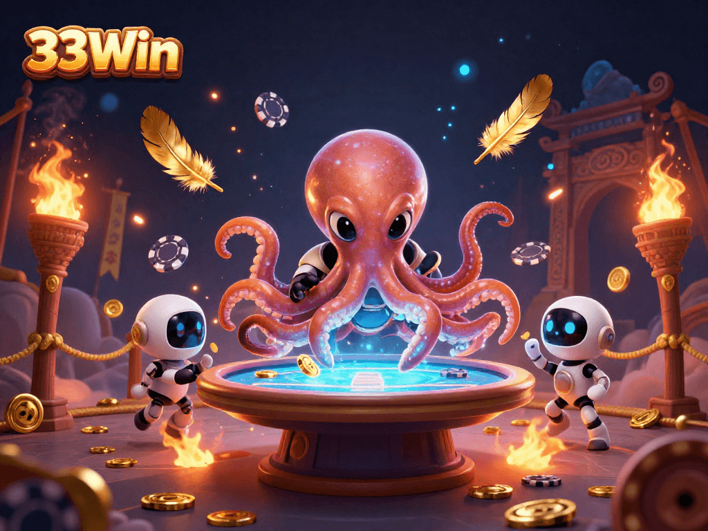 Join the fun at 33Win as a cartoon alien octopus plays poker with friends in a cosmic casino environment.
