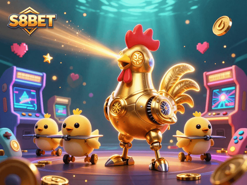 S8BET engages players with a dynamic casino adventure amidst arcade game elements and golden robots.