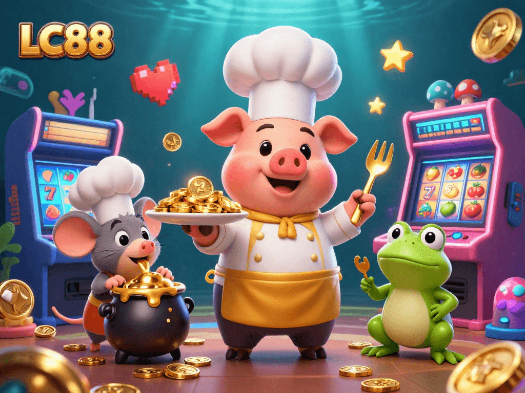 Win big at LC88 with vibrant casino fun featuring a chef pig serving gold!