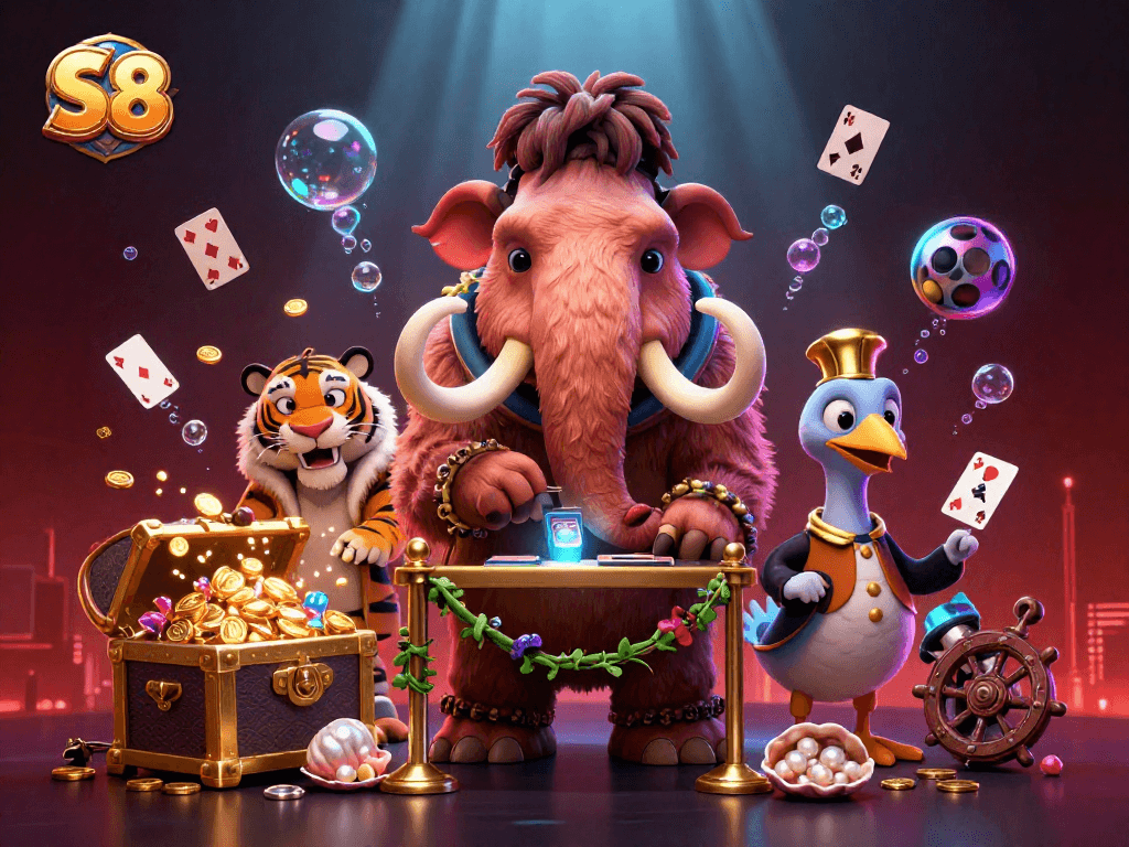 Experience the excitement of S8 with vibrant casino elements and unique characters in a vivid scene.
