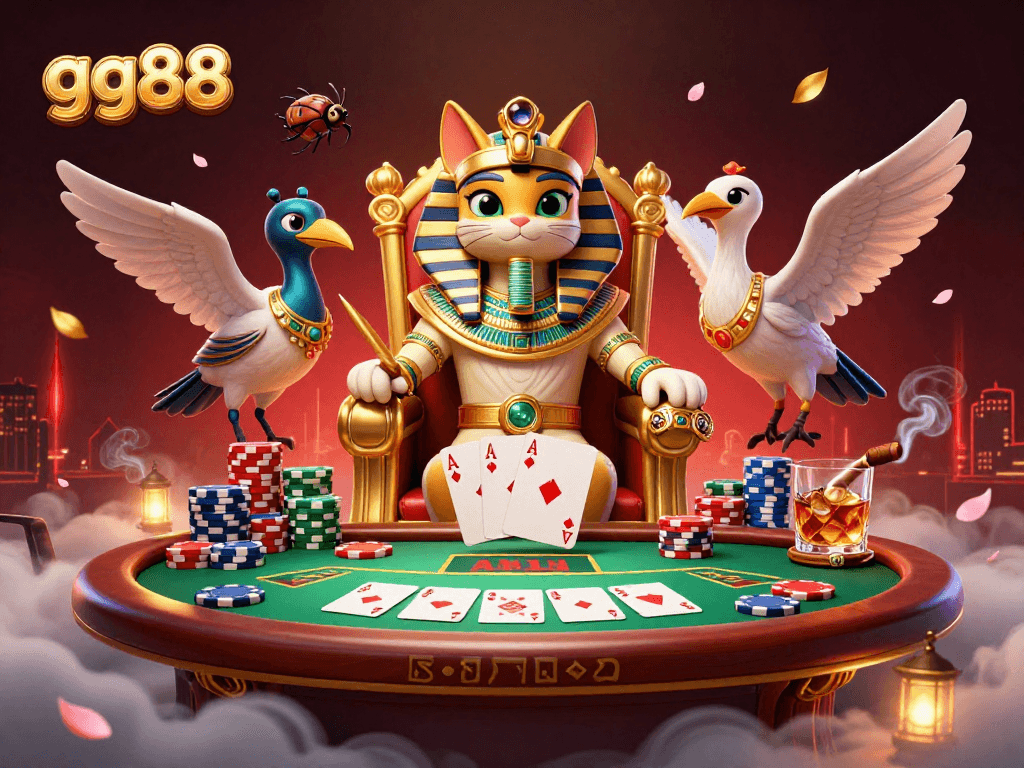 Engage with the gg88 experience featuring a vibrant 3D illustration of gambling action with pharaoh cat and poker elements.