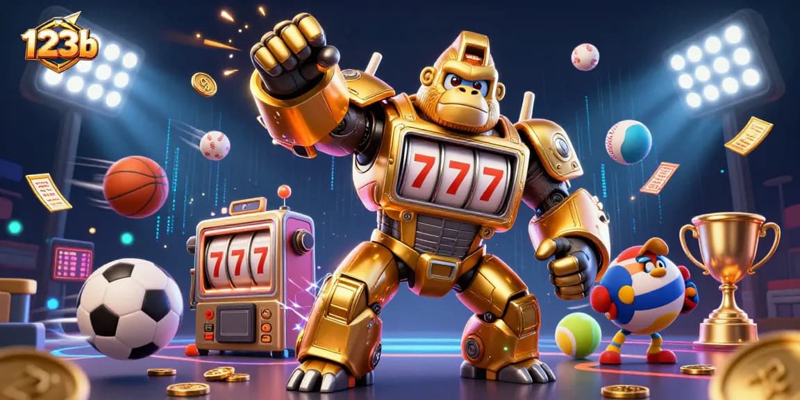 Watch the 123b transformer-style gorilla mech grabbing gold coins in an action-packed casino scene.