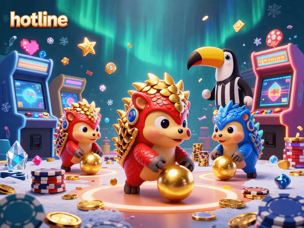 Engage in the thrilling action of hotline as armored pangolins roll through poker chips in an energetic scene.