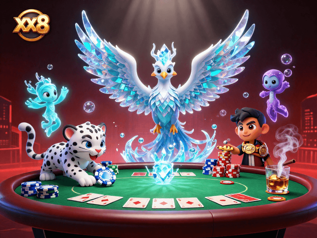 Engage with xx 8’s ice phoenix in a vibrant casino realm filled with poker chips and games.