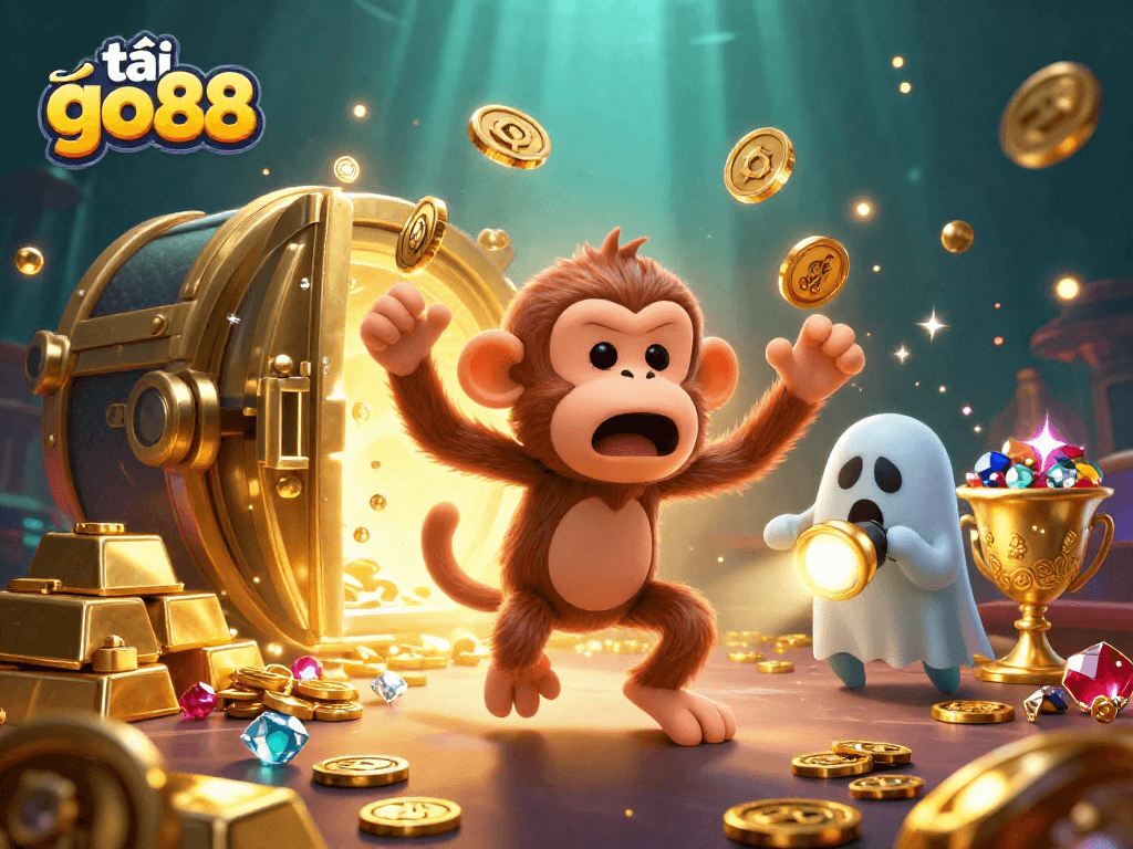 Experience the thrill of tải go88 as a mischievous monkey juggles golden treasures in a haunted casino scene.