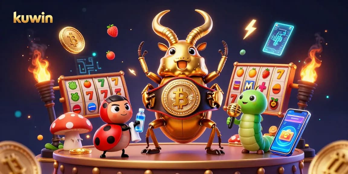 Kuwin's vibrant casino scene showcases a giant golden stag beetle amid slot reels and crypto coins, amplifying excitement.