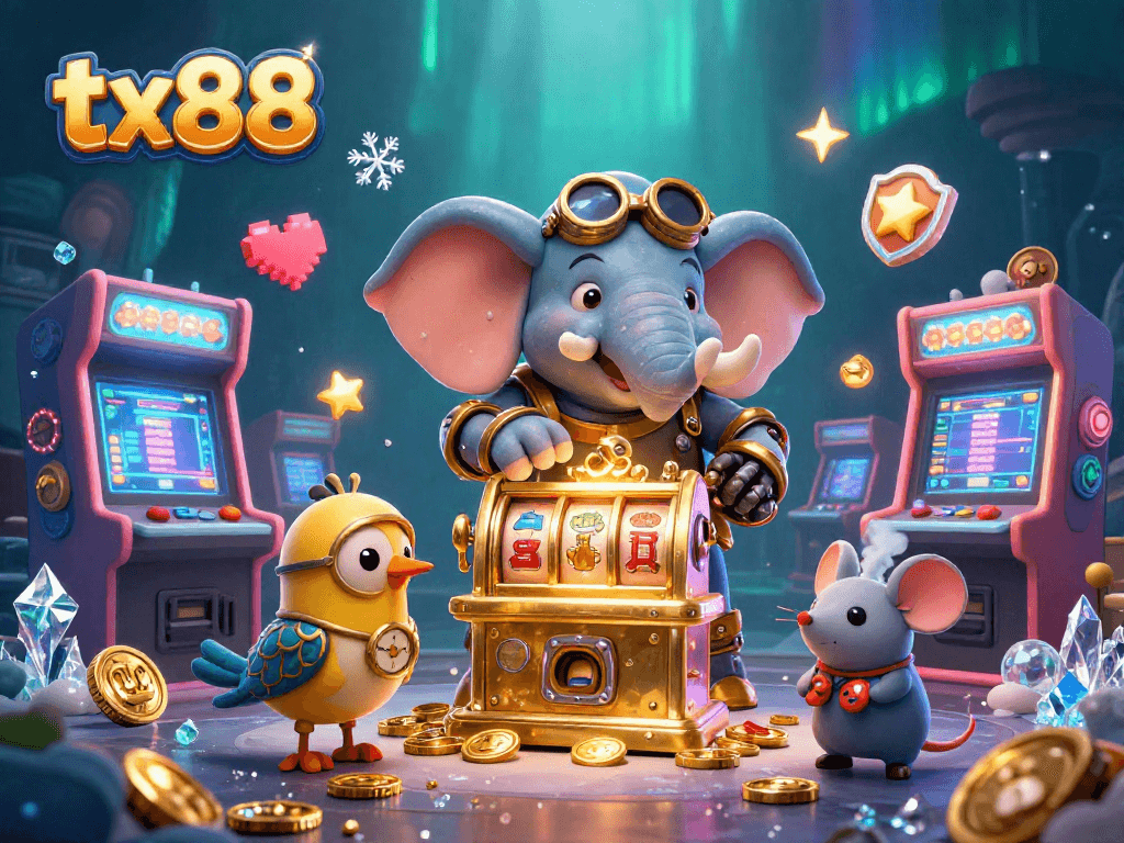 Spin the tx88 slot machine with steampunk characters and vibrant casino elements in a rich scene.