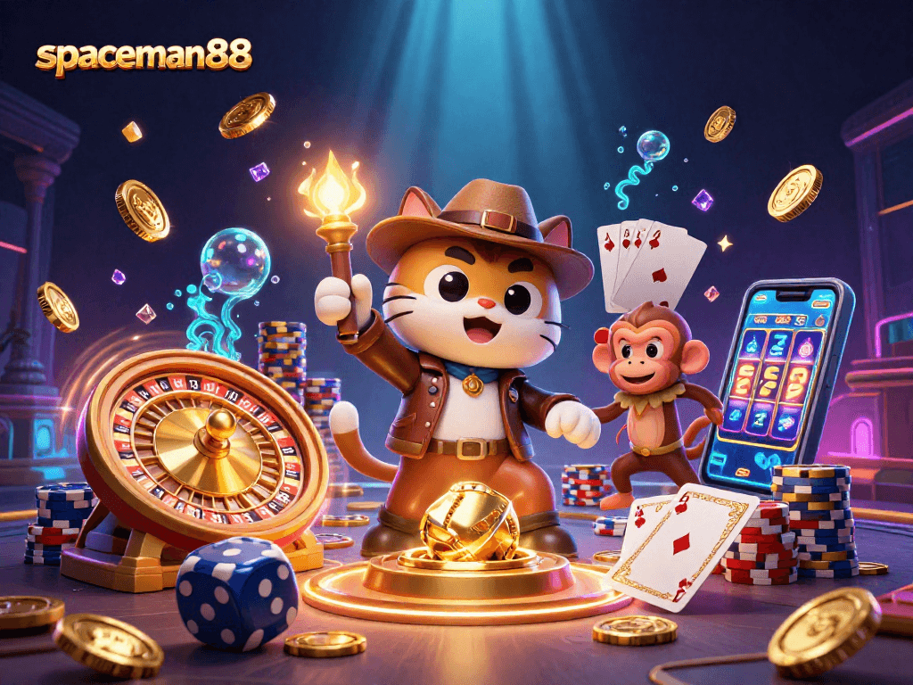 Engage with spaceman88 in a vibrant casino adventure featuring a cat archaeologist and monkey companion.
