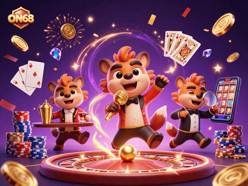 Experience casino fun with ON68 at this vibrant 3D hyena comedy club bursting with excitement.