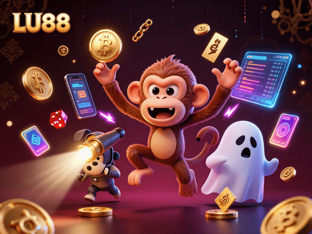 LU88 features a mischievous monkey and ghost-hunter puppy in a dynamic casino scene filled with crypto elements.