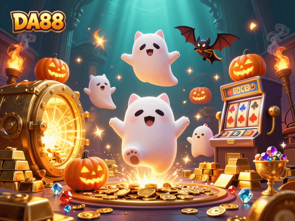 Bet on thrilling adventures at DA88 with a ghost cat and treasure-filled casino scene.