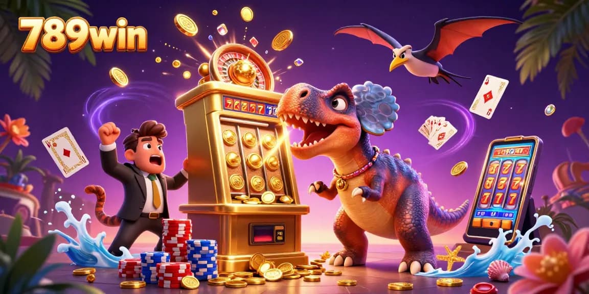 Experience big wins with 789win as a 3D cartoon dinosaur celebrates a jackpot payout.
