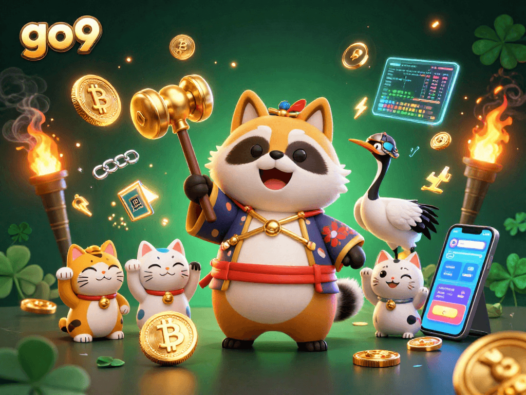 Experience the thrill of go9 with colorful characters and vibrant casino elements in a dynamic digital scene.