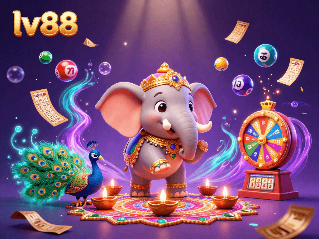 Spin and win at lv88 with vibrant slot elements and dynamic colorful visuals in this lively casino illustration.