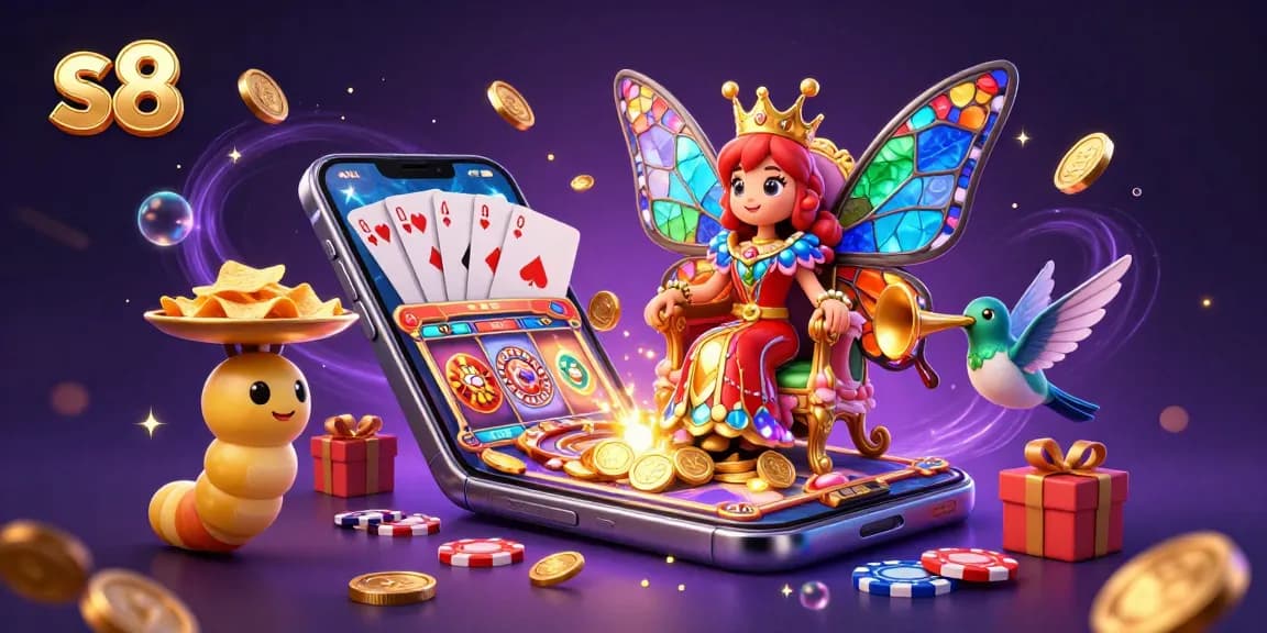 S8 casino's vibrant atmosphere featuring a butterfly queen, colorful slot game, and exciting gaming elements.
