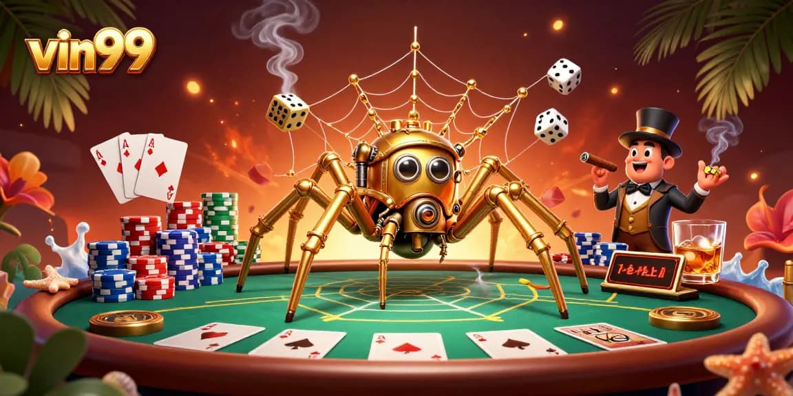 Spin and win at vin99 with a steampunk spider capturing dice in a vibrant casino setting.