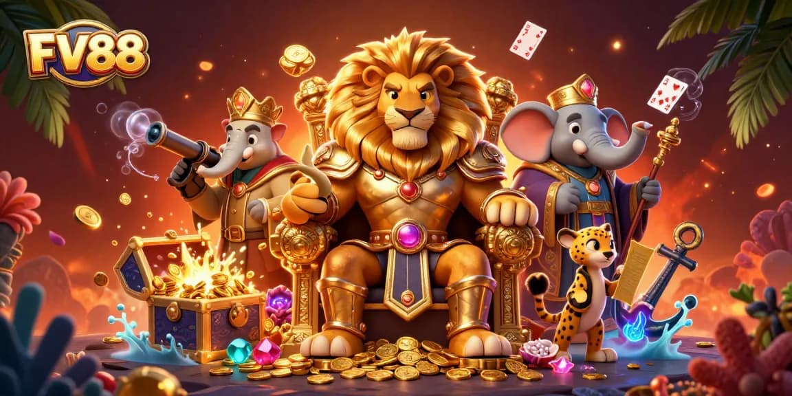 Spin the reels and win at FV88: vibrant 3D lion king on treasure throne with casino elements.