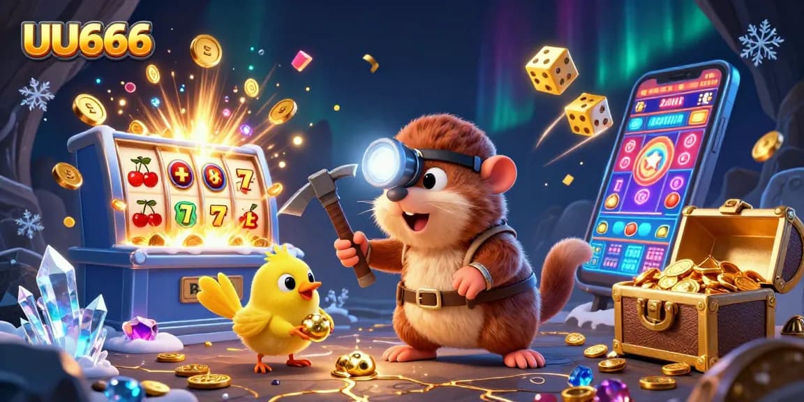 Spin jackpots with UU666: a treasure hunter mole, canary, and casino elements in action.