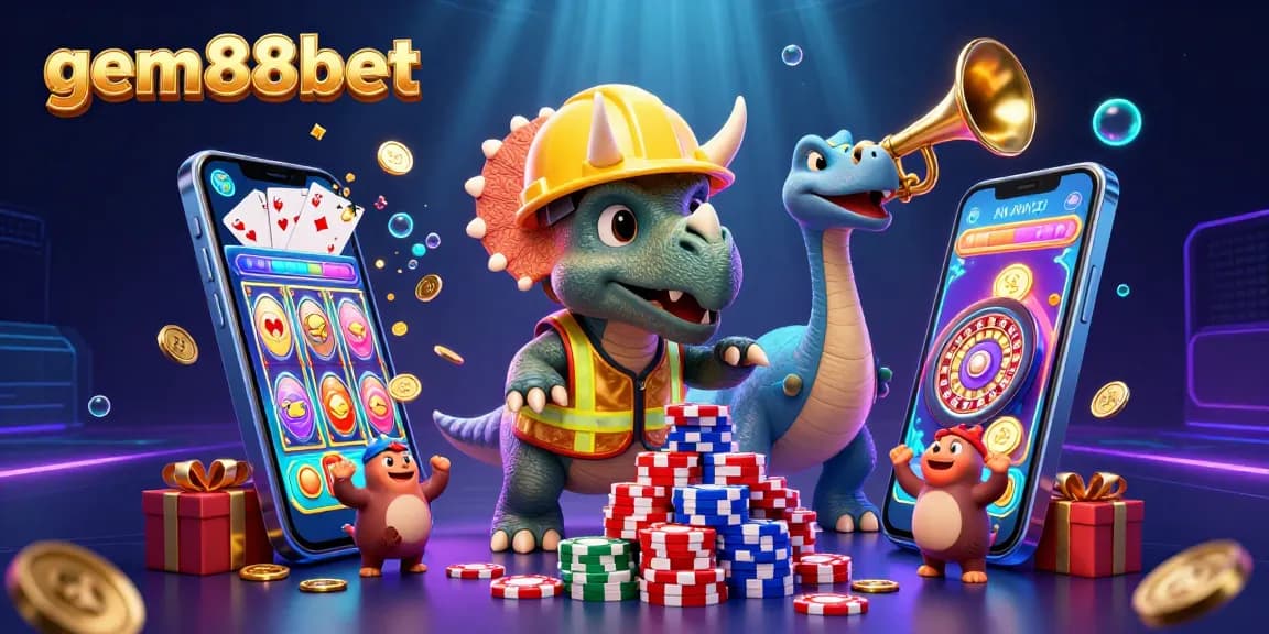Experience the excitement of gem88bet with vibrant casino elements and unique characters celebrating wins.
