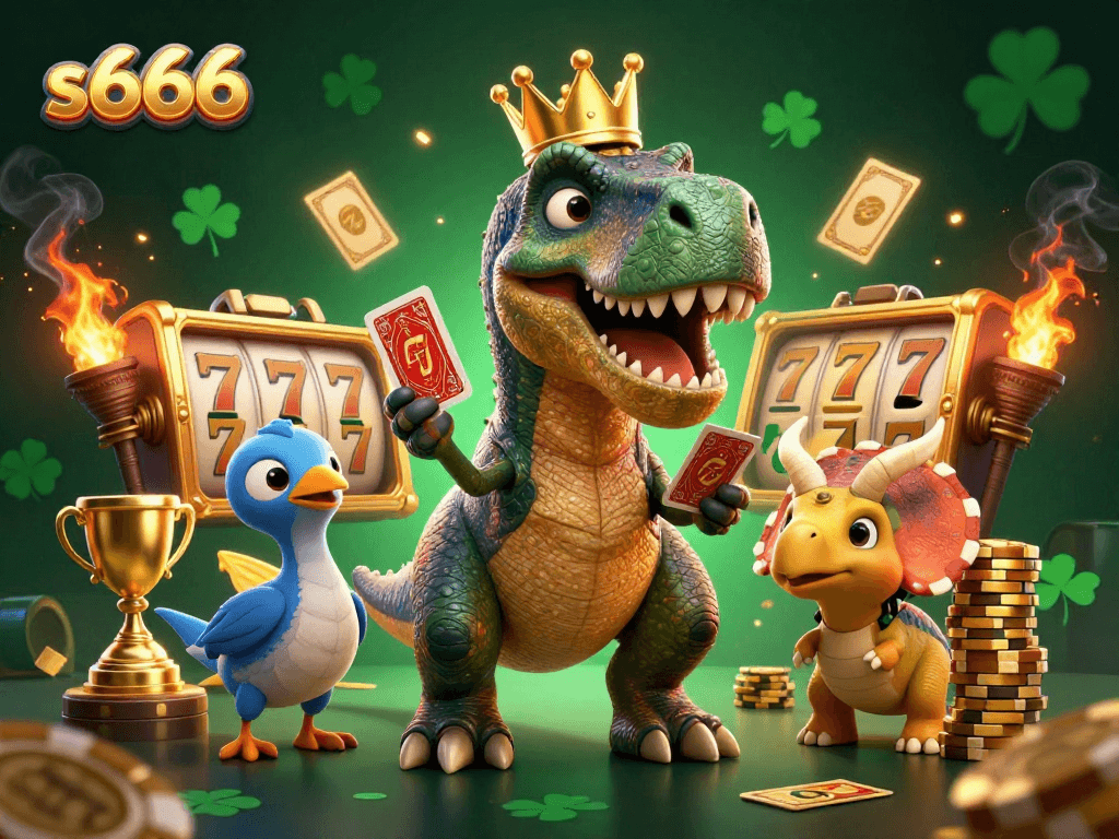 s666 gaming scene with a friendly T-Rex and companions playing cards while surrounded by golden slots and dynamic sports elements.
