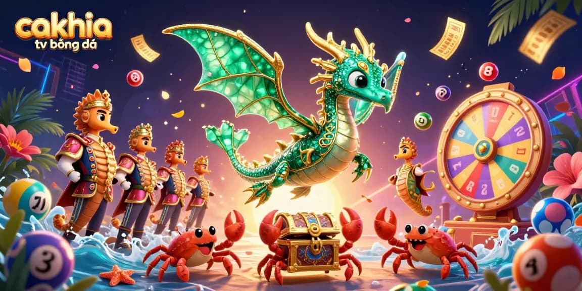 Cakhia tv bóng đá showcases vibrant 3D illustration highlighting emerald sea dragon and energetic gambling elements.